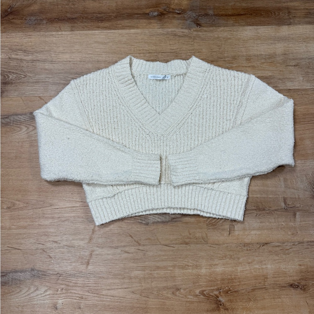 Altar'd State Cream V-Neck Cropped Sweater